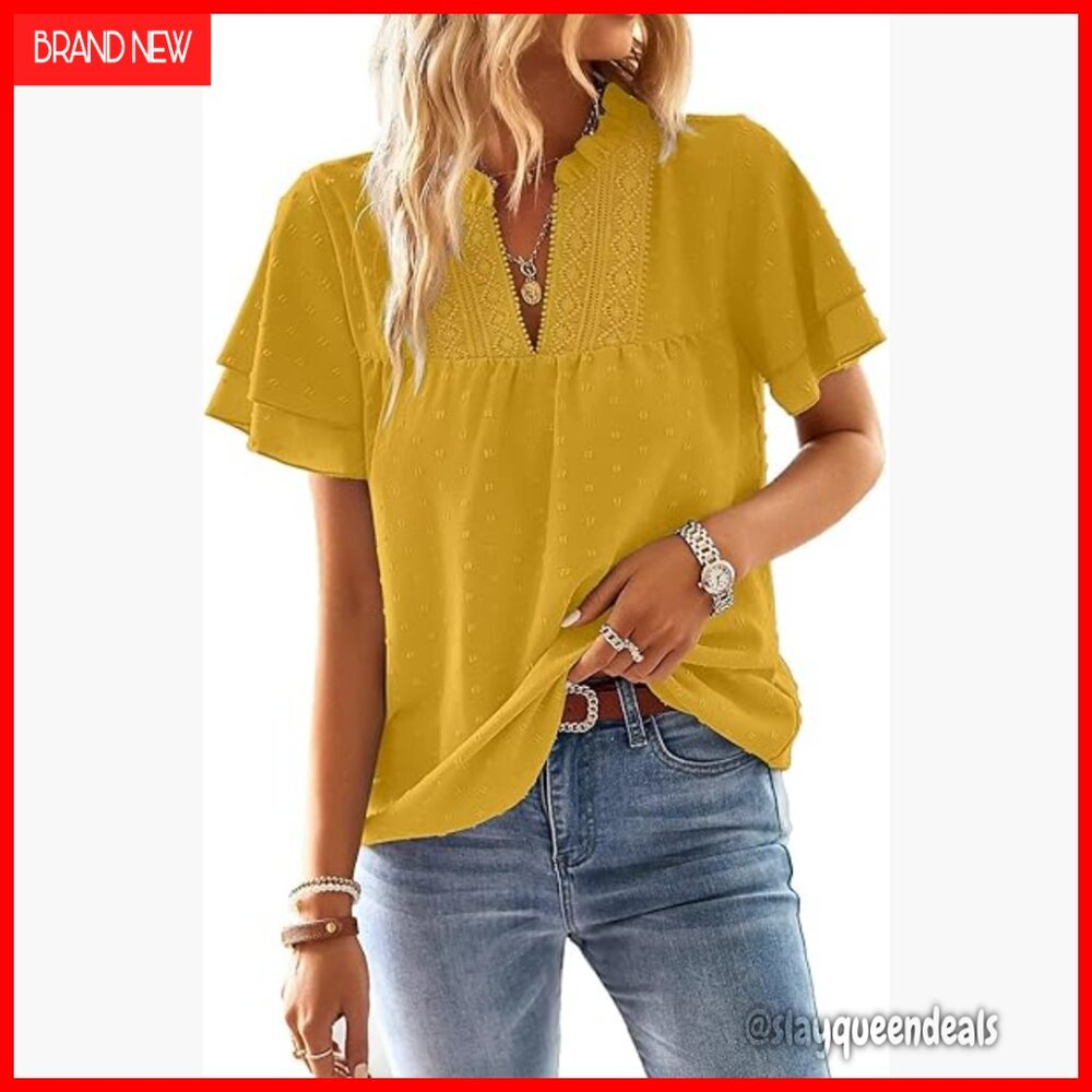 V-Neck Butterfly Sleeve Blouse Swiss Dot Crochet Lace Regular Fit